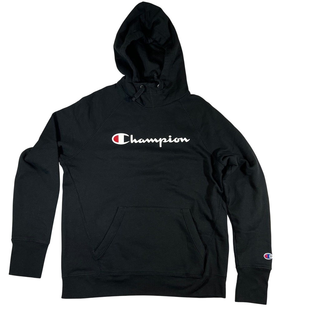 Y2K Champion Hoodie Mens M Black Script Logo Pullover Athletic Streetwear Fleece